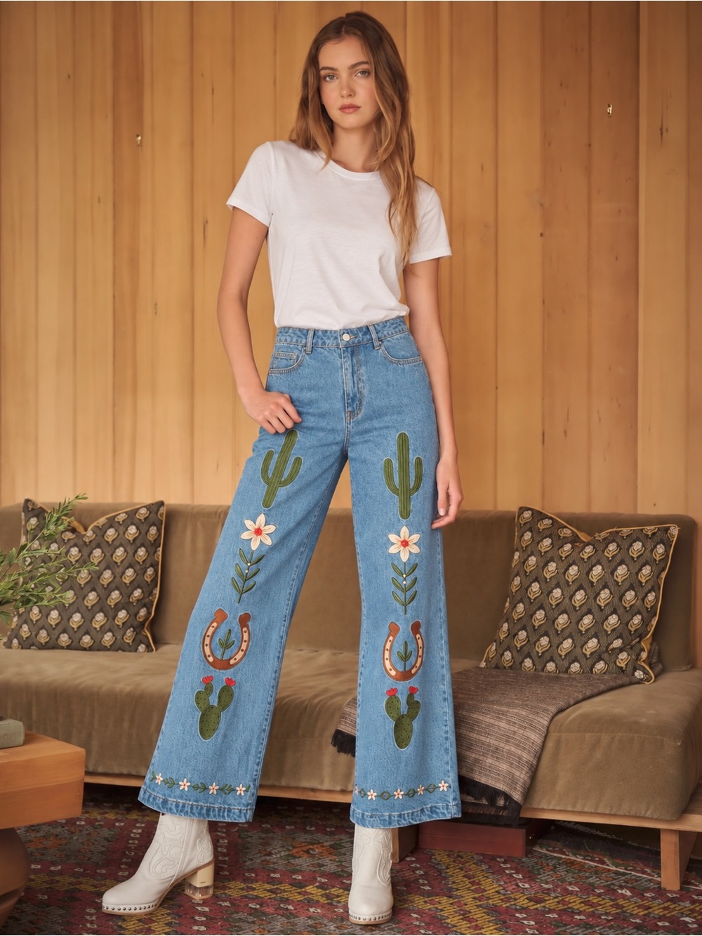 NEW blue b Medium Wash Embroidery Western Cactus Flower Horseshoe Wide Leg Jeans
